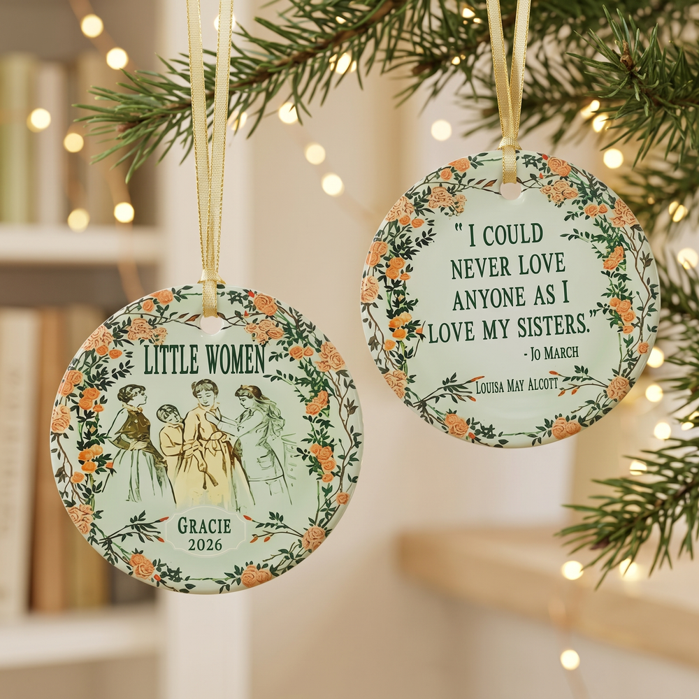 Personalized Little Women ceramic ornament with a vintage illustration of the March sisters in a rose wreath