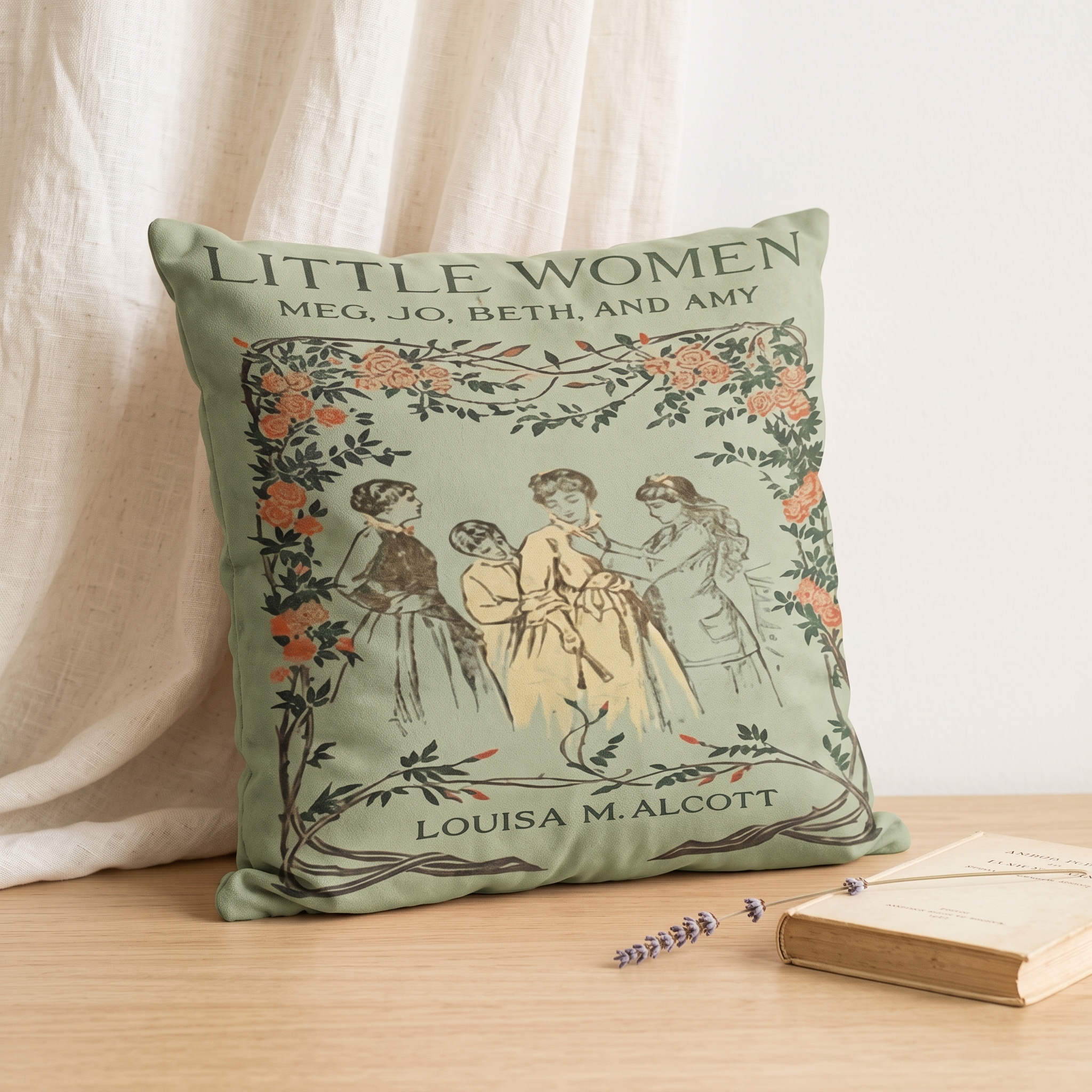 Little Women sage green throw pillow cover showing the vintage cover with Meg, Jo, Beth and Amy, a gift for Louisa May Alcott readers