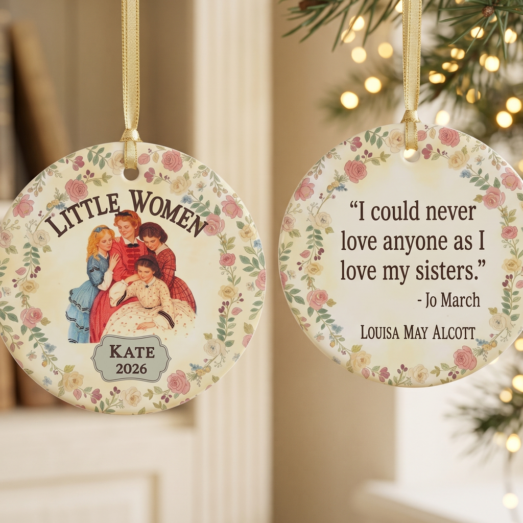 Personalized Little Women sisters ceramic Christmas ornament with a Jo March quote, front and back designs.