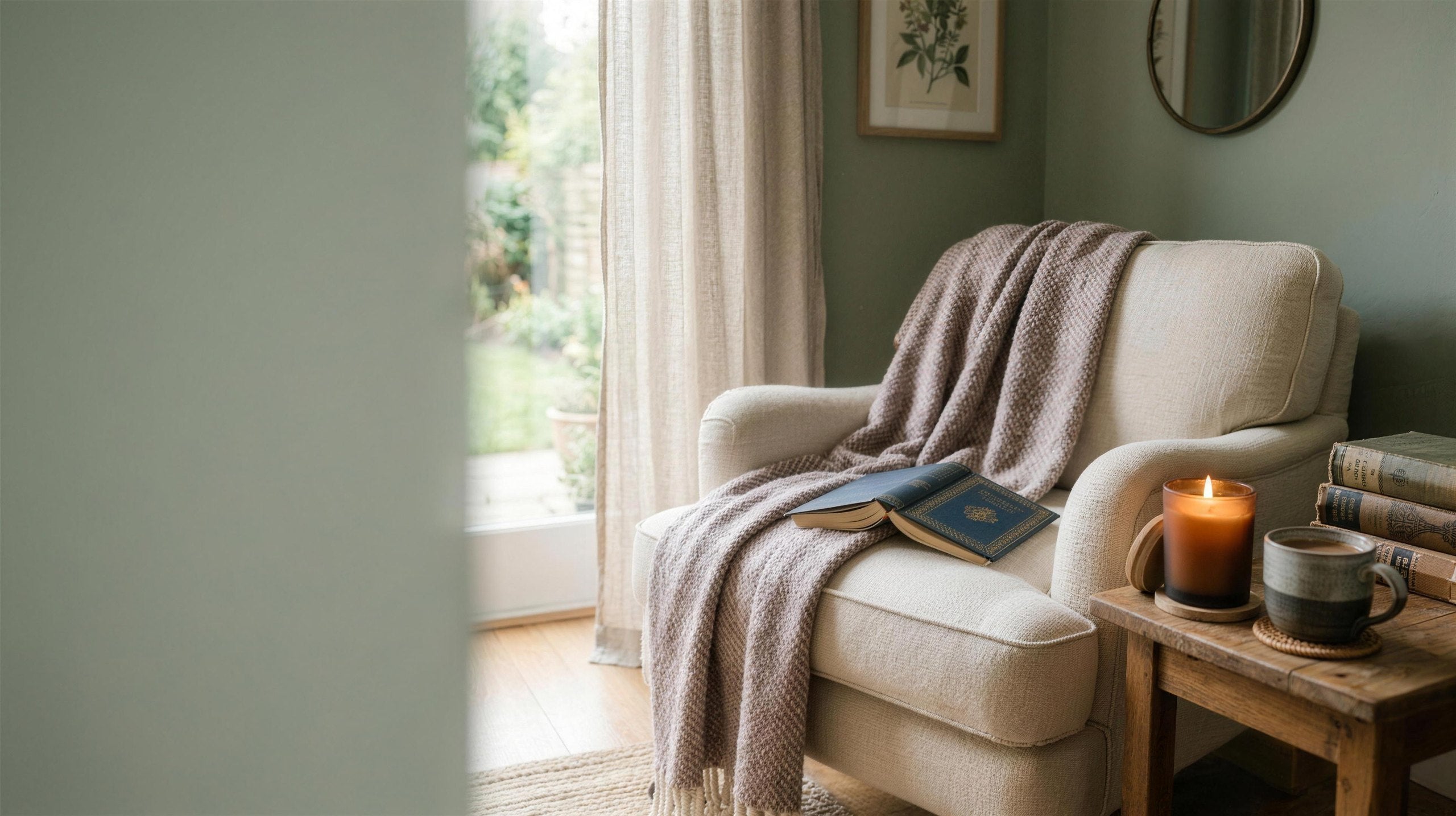 Cozy literary reading nook with a woven throw, open book, candle and mug