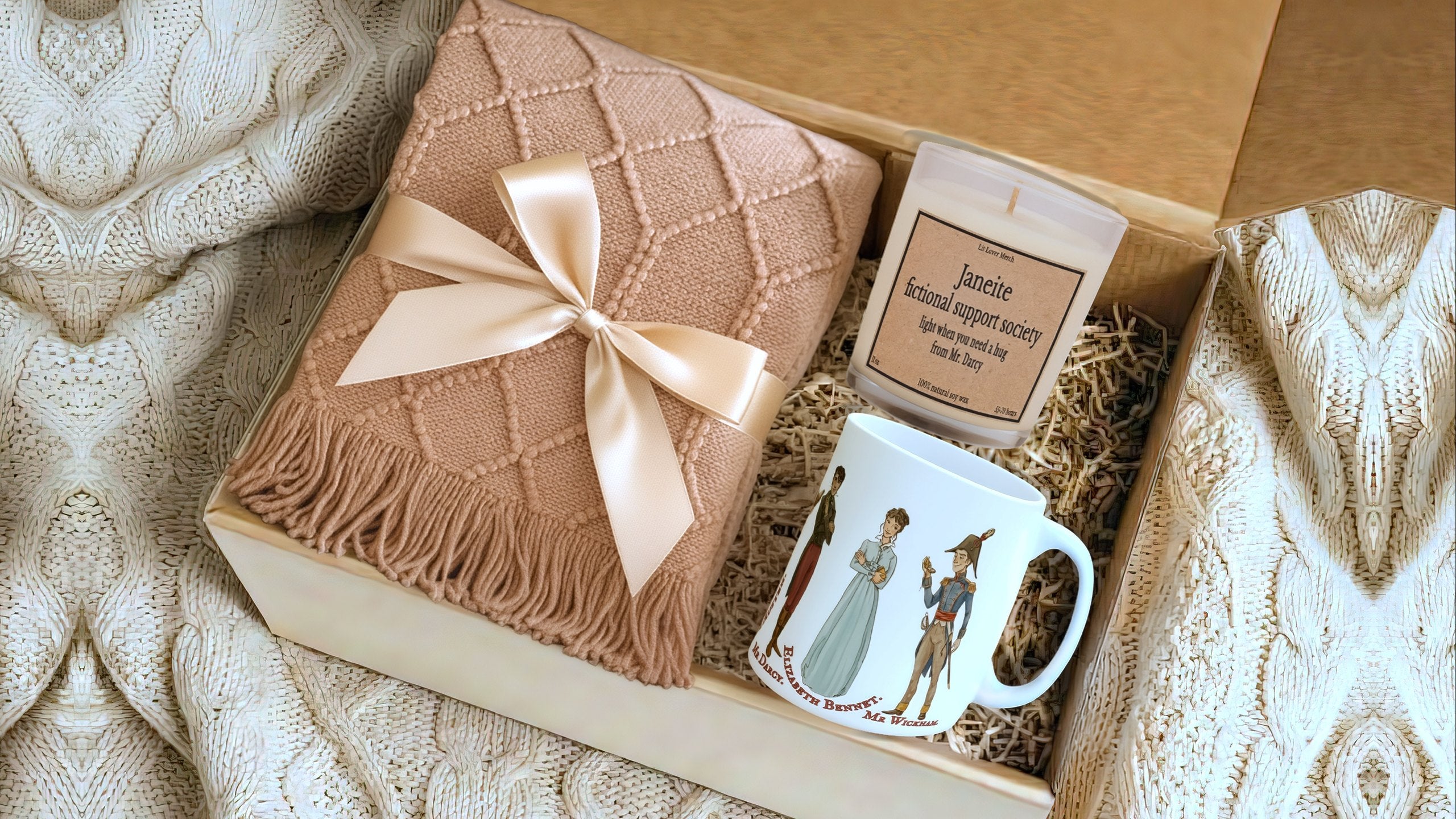 Jane Austen literary gift set with a folded blanket, soy candle and character mug