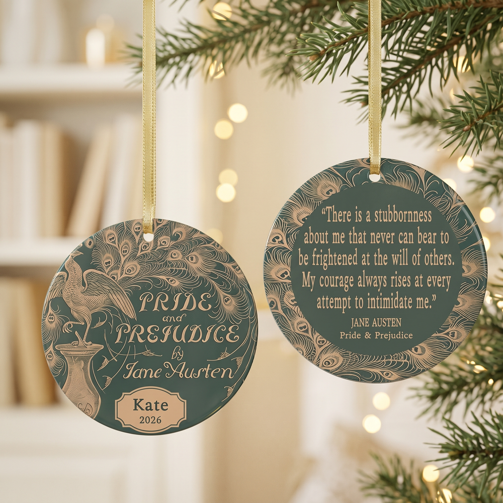 Personalized Pride and Prejudice ceramic ornament with a gold peacock design and Elizabeth Bennet's courage quote