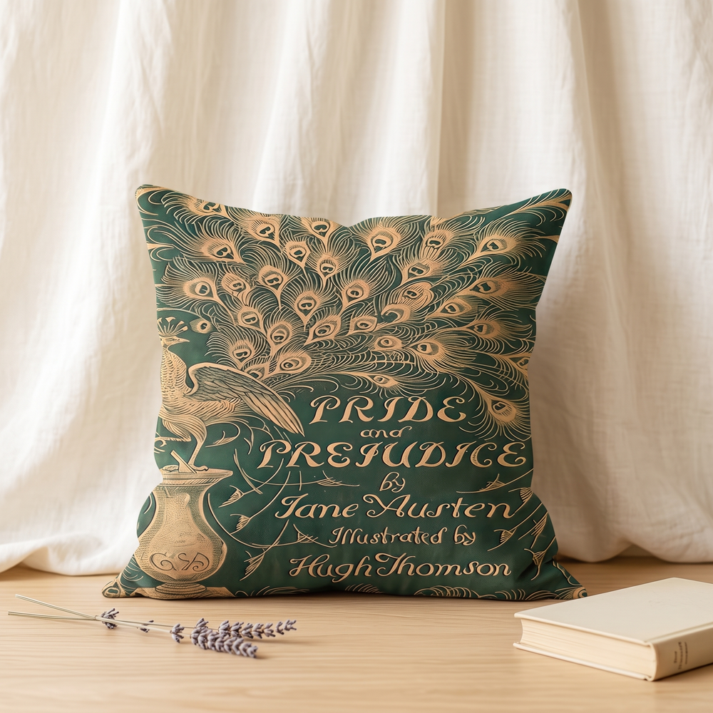 Pride and Prejudice Peacock edition book cover pillow in green and gold
