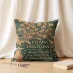 Pride and Prejudice faux suede pillow cover with the green and gold peacock book cover by Jane Austen, a gift for Austen readers