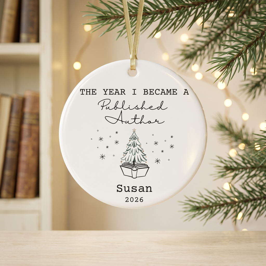 Personalized published author ceramic Christmas ornament, a keepsake gift for a new writer with name and year.
