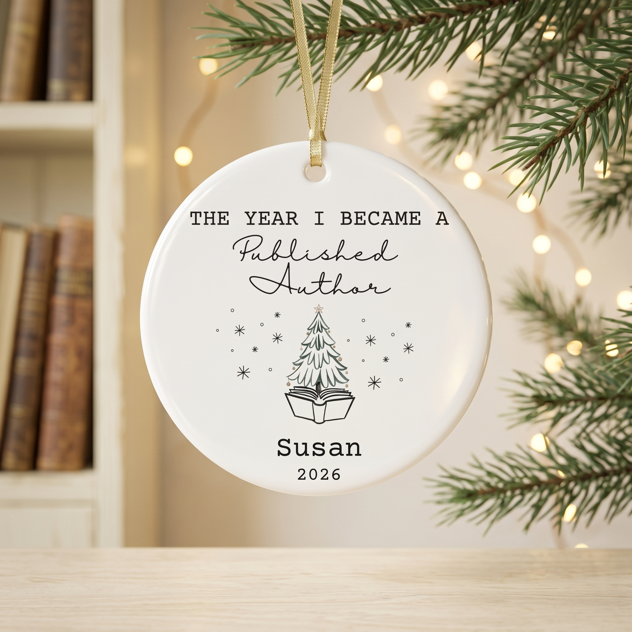 Personalized published author ceramic Christmas ornament, a keepsake gift for a new writer with name and year.
