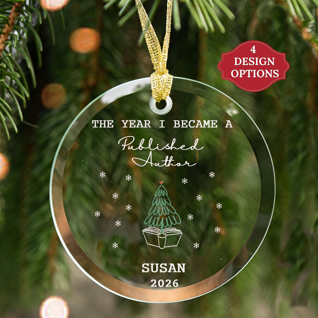 Personalized published author glass Christmas ornament, a keepsake gift for a new writer with name and year.