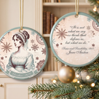 Personalized Sense and Sensibility ceramic Christmas ornament with a Jane Austen quote, front and back designs.