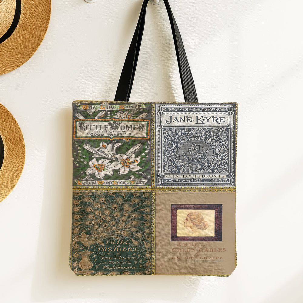 Vintage book covers library tote bag showing Little Women, Jane Eyre, Pride and Prejudice, and Anne of Green Gables