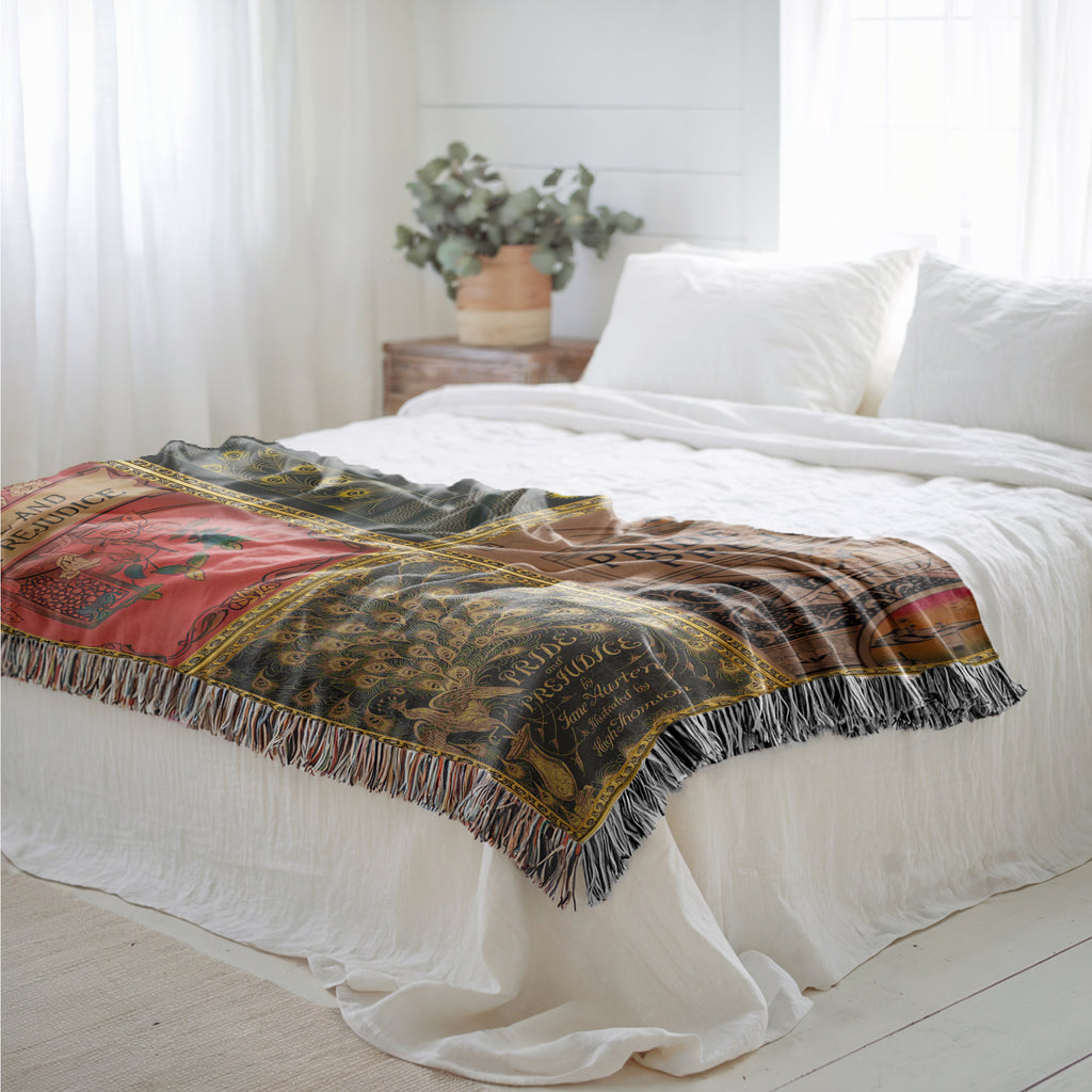Pride and Prejudice woven throw blanket with vintage Jane Austen book cover design, literary gift for readers
