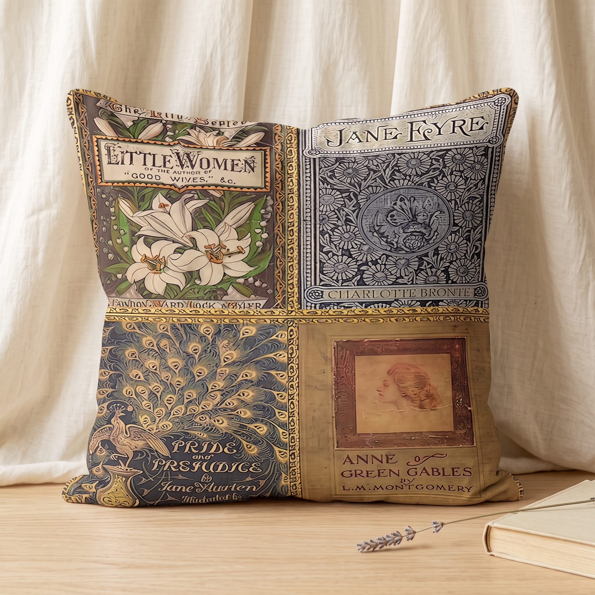 Vintage book covers throw pillow cover with Little Women, Jane Eyre, Pride and Prejudice and Anne of Green Gables, a gift for book lovers