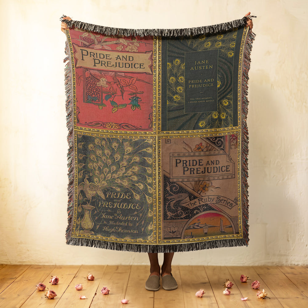 Pride and Prejudice woven throw blanket showing the vintage book cover design